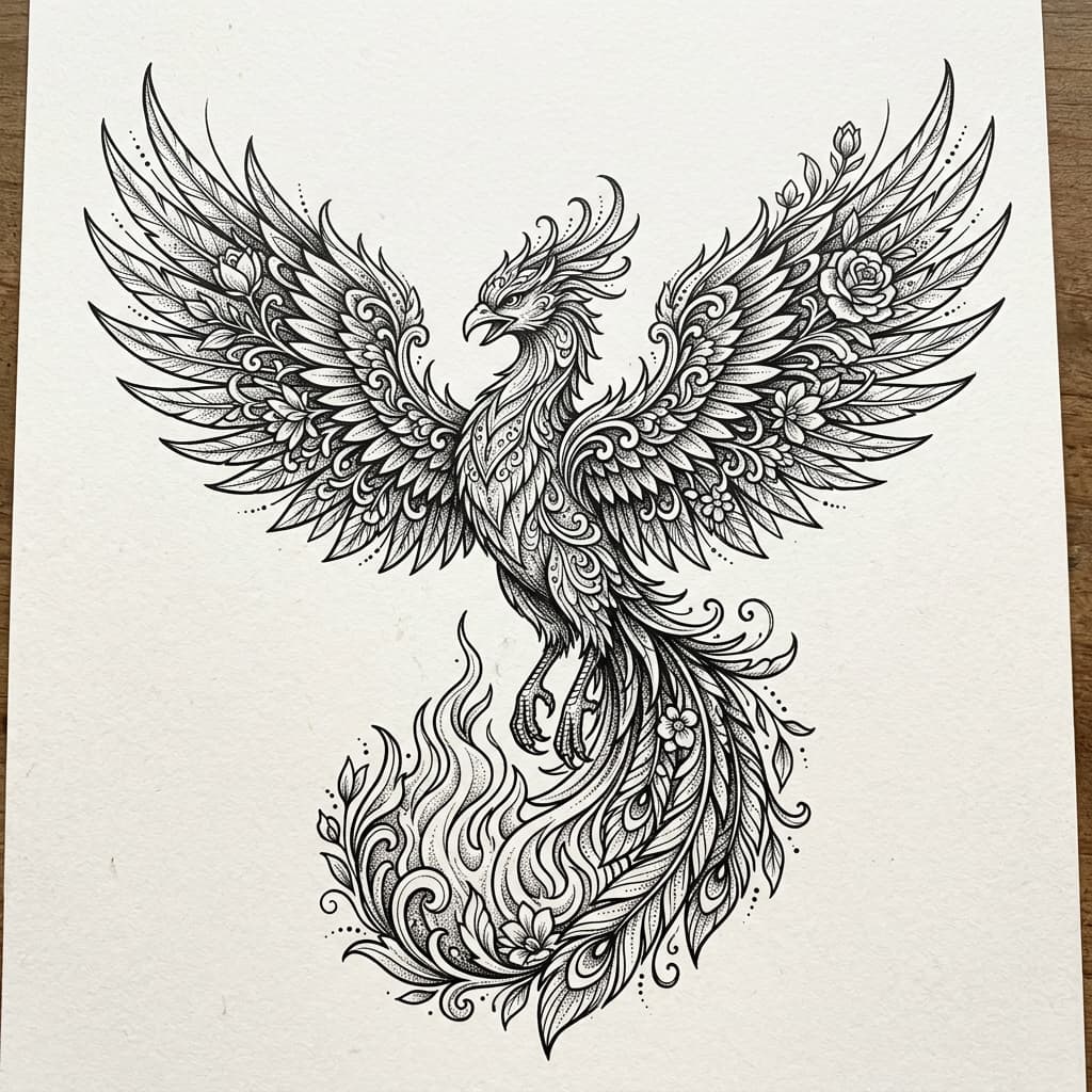Phoenix tattoo flash design sample