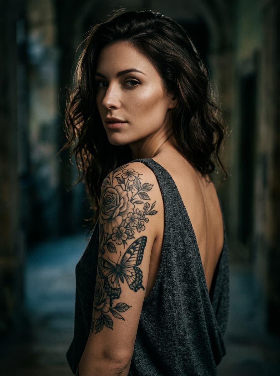 Free AI tattoo generator floral and dragon shoulder tattoo example