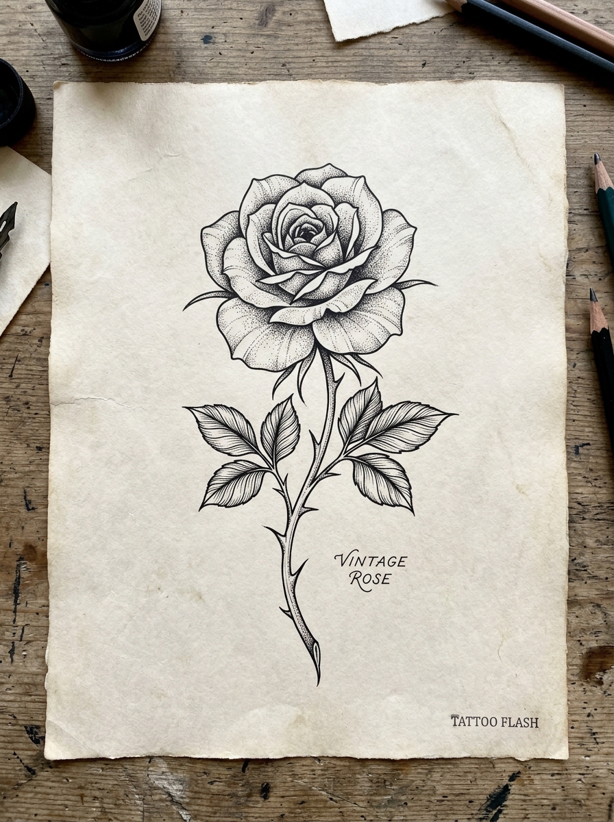Neo-Traditional Botanical Rose